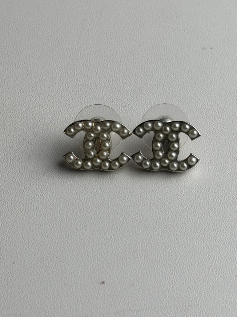 Chanel Pearl Silver CC Pierced Earrings Classic Design with Elegant Pearl Detail, Chic and Timeless Style, Condition
