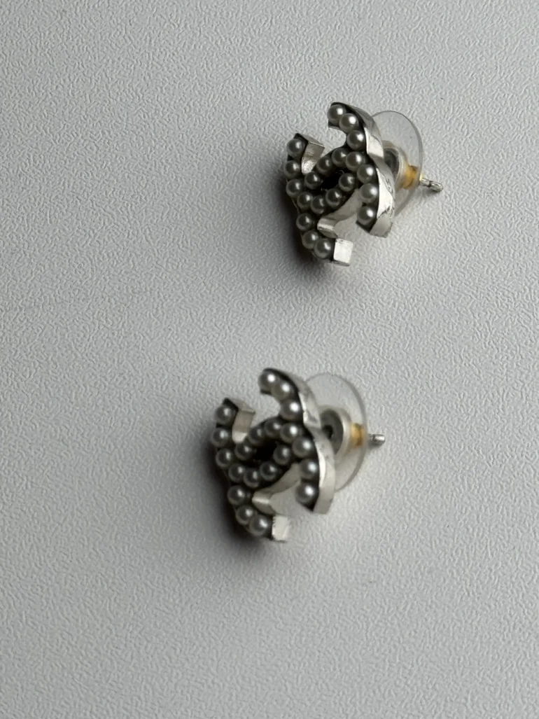 Chanel Pearl Silver CC Pierced Earrings Classic Design with Elegant Pearl Detail, Chic and Timeless Style, Condition