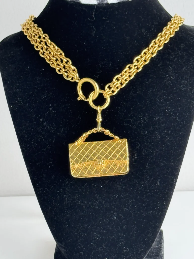 Chanel Multi Strand Matelasse Flap Bag Pendant Necklace 24k Gold Plated