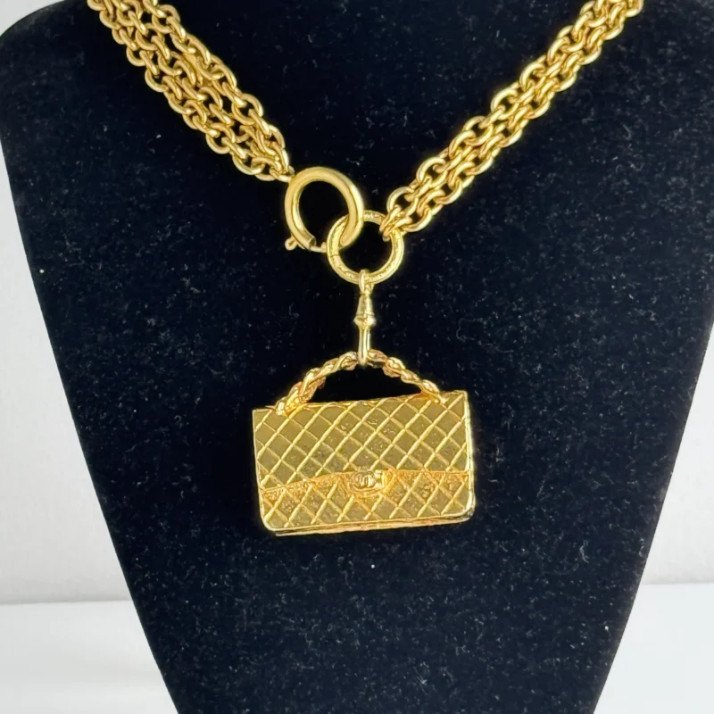 Chanel Multi Strand Matelasse Flap Bag Pendant Necklace 24k Gold Plated