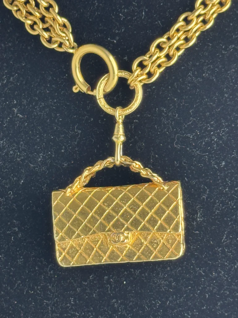 Chanel Multi Strand Matelasse Flap Bag Pendant Necklace 24k Gold Plated