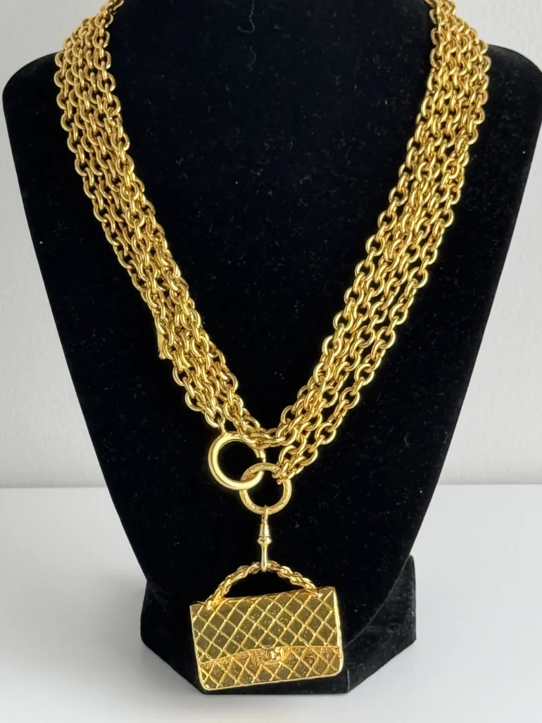 Chanel Multi Strand Matelasse Flap Bag Pendant Necklace 24k Gold Plated