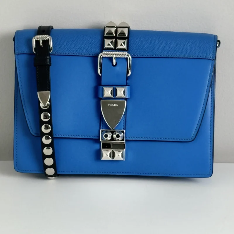 Pre Owned Prada Saffiano City Calfskin Studded Large Elektra Crossbody, Shoulder Bag
