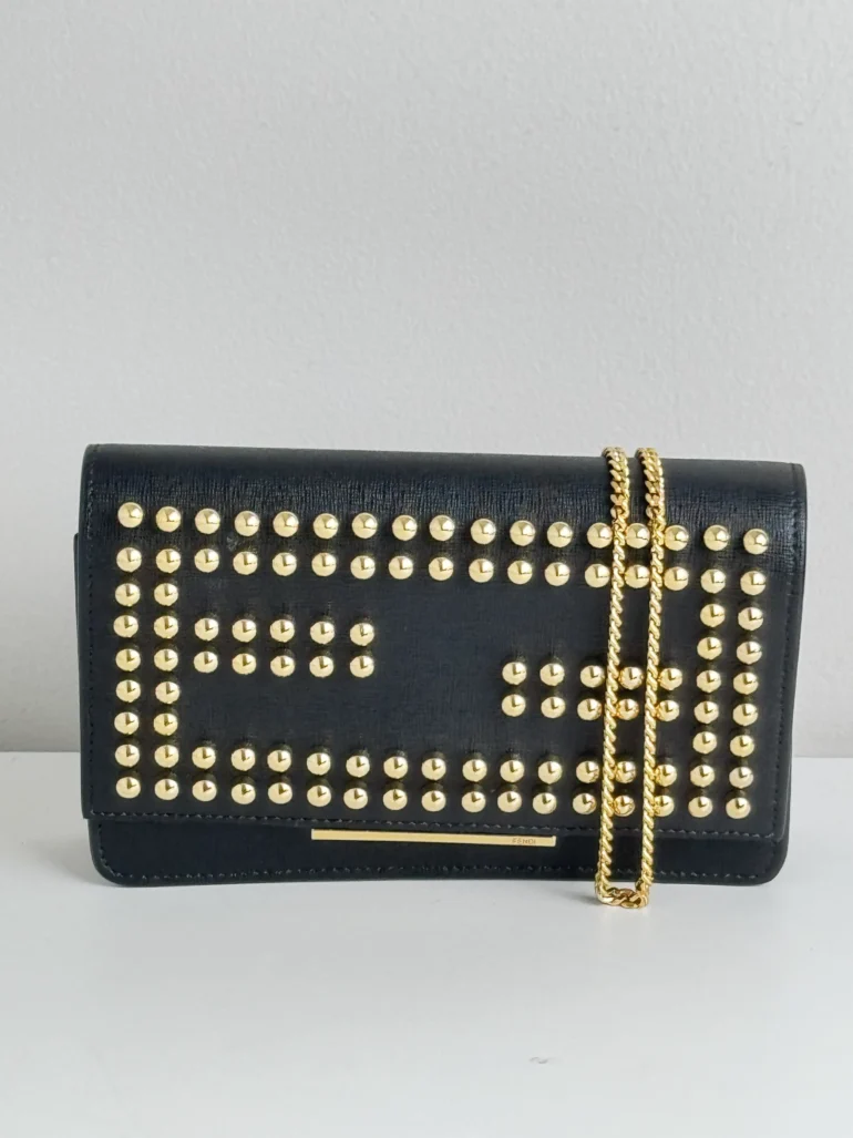 Pre Owned Fendi Vitello Elite Studded Tube Wallet on Chain Black