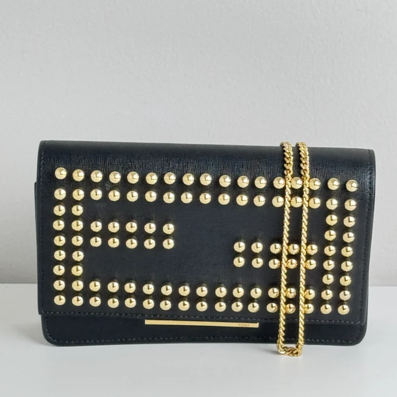 Pre Owned Fendi Vitello Elite Studded Tube Wallet on Chain Black