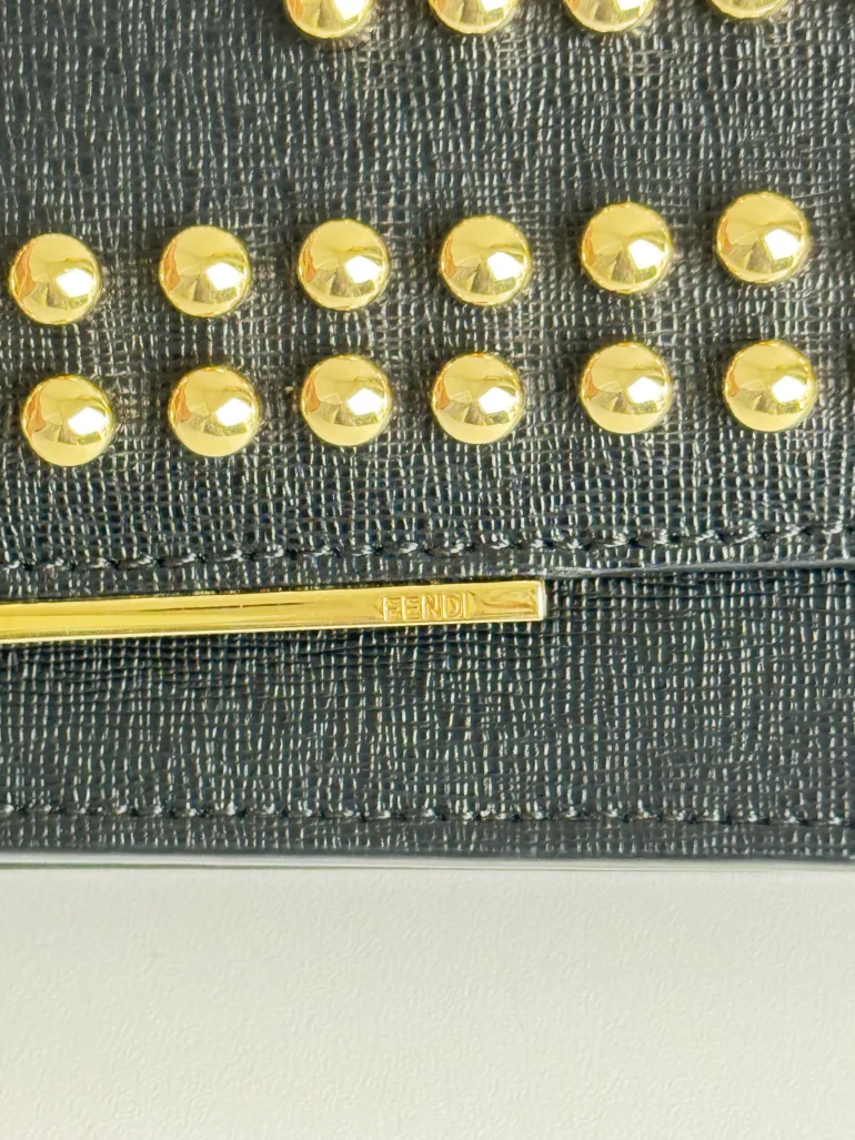 Pre Owned Fendi Vitello Elite Studded Tube Wallet on Chain Black