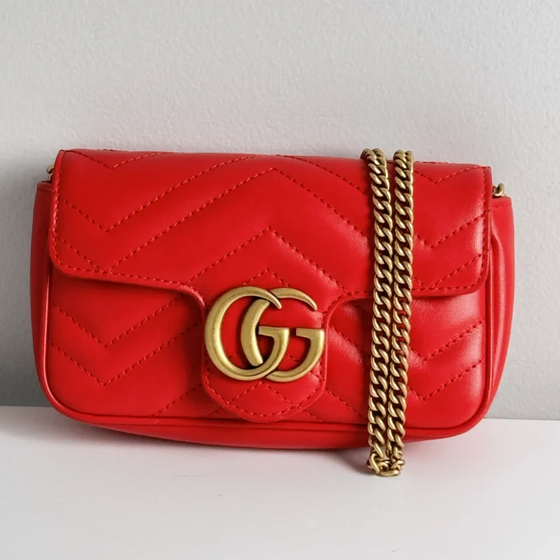 GG Marmont Super Mini Red Quilted Crossbody Bag with Gold Chain Strap